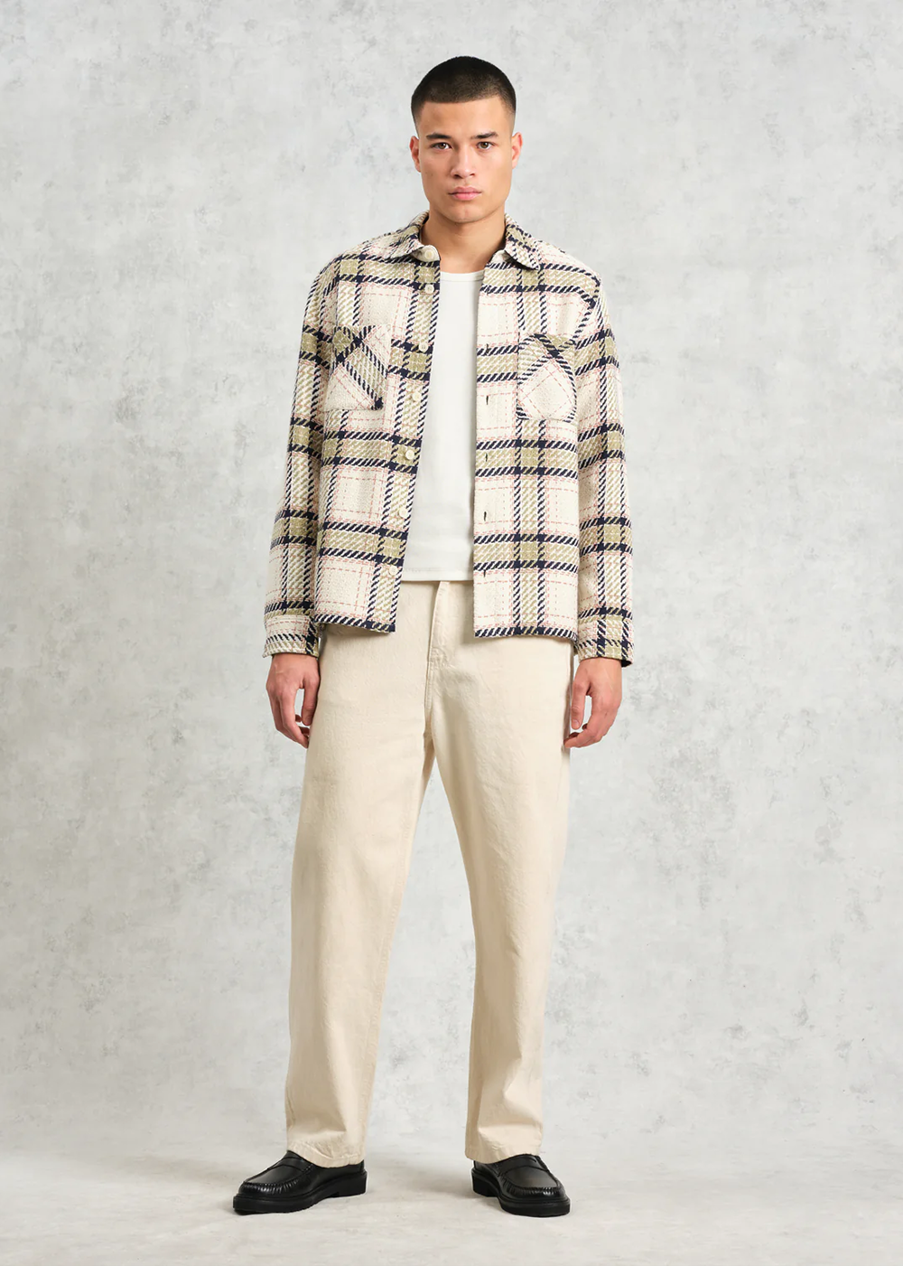 Whiting Overshirt Harp Check - Ecru/Sage - Wax London Canada - Danali