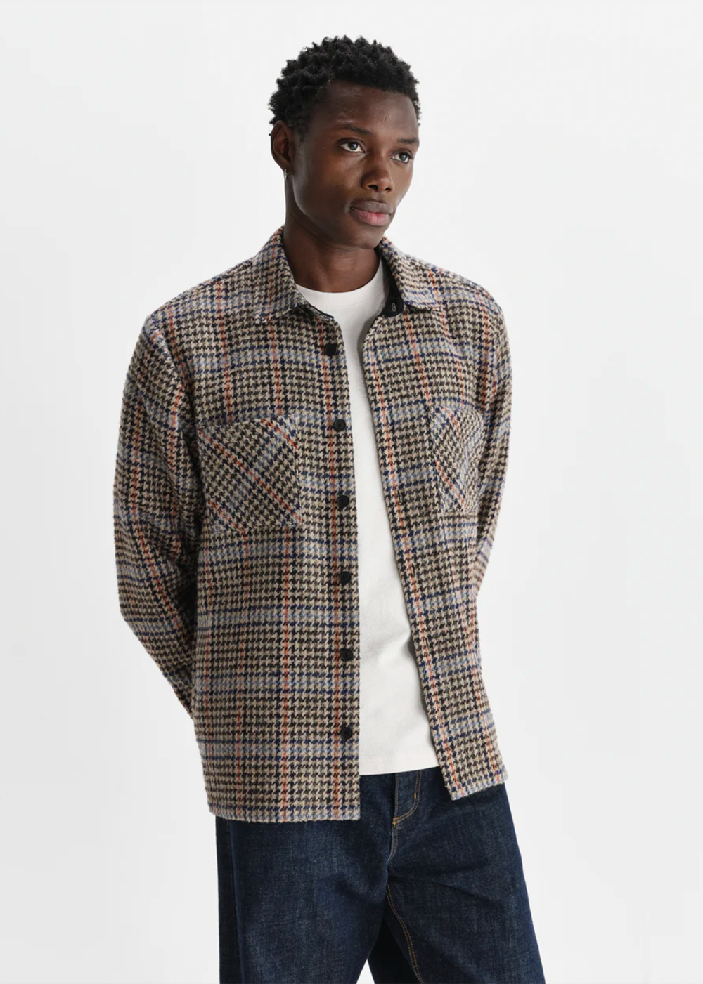 Whiting Overshirt Wool Mix Houndstooth - Grey - Wax London Canada - Danali