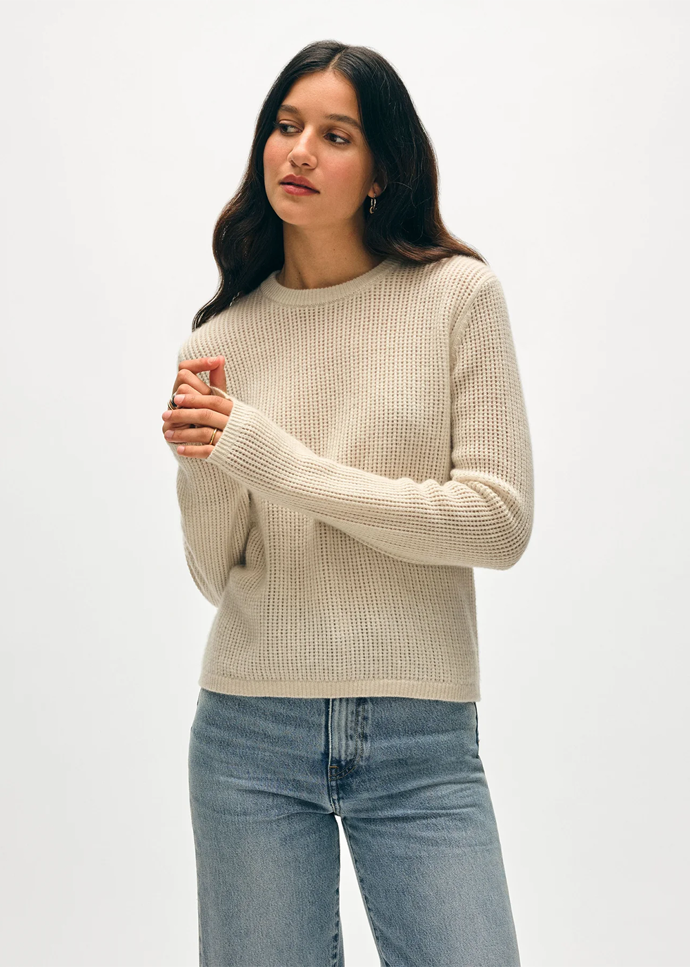 Cashmere Waffle Mesh Crew Sweater - Natural Heather - White + Warren Canada - Danali