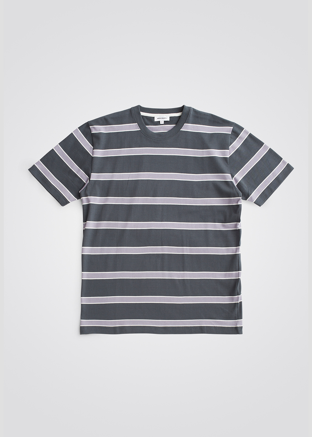 Front view of the Johannes Organic Multicolor Striped T-Shirt by Norse Projects in Battleship Grey.