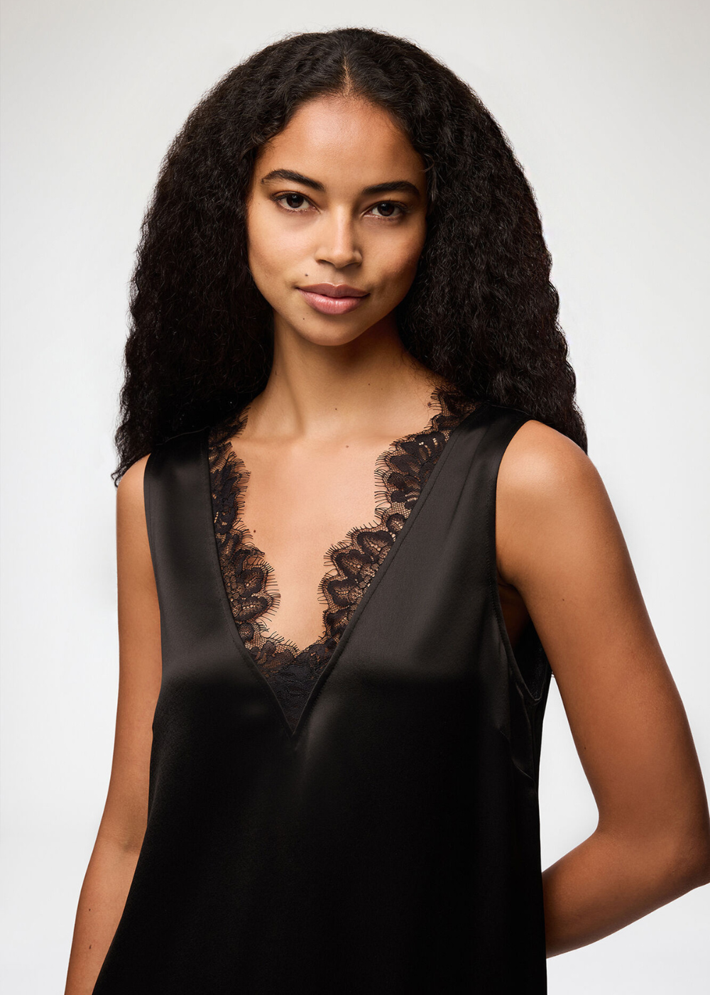 Fluid Satin V-neck Lace Mini Dress