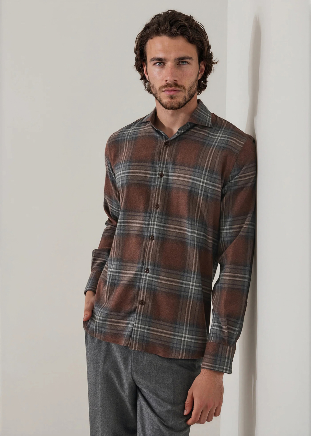 Flannel Plaid Spread Collar Shirt