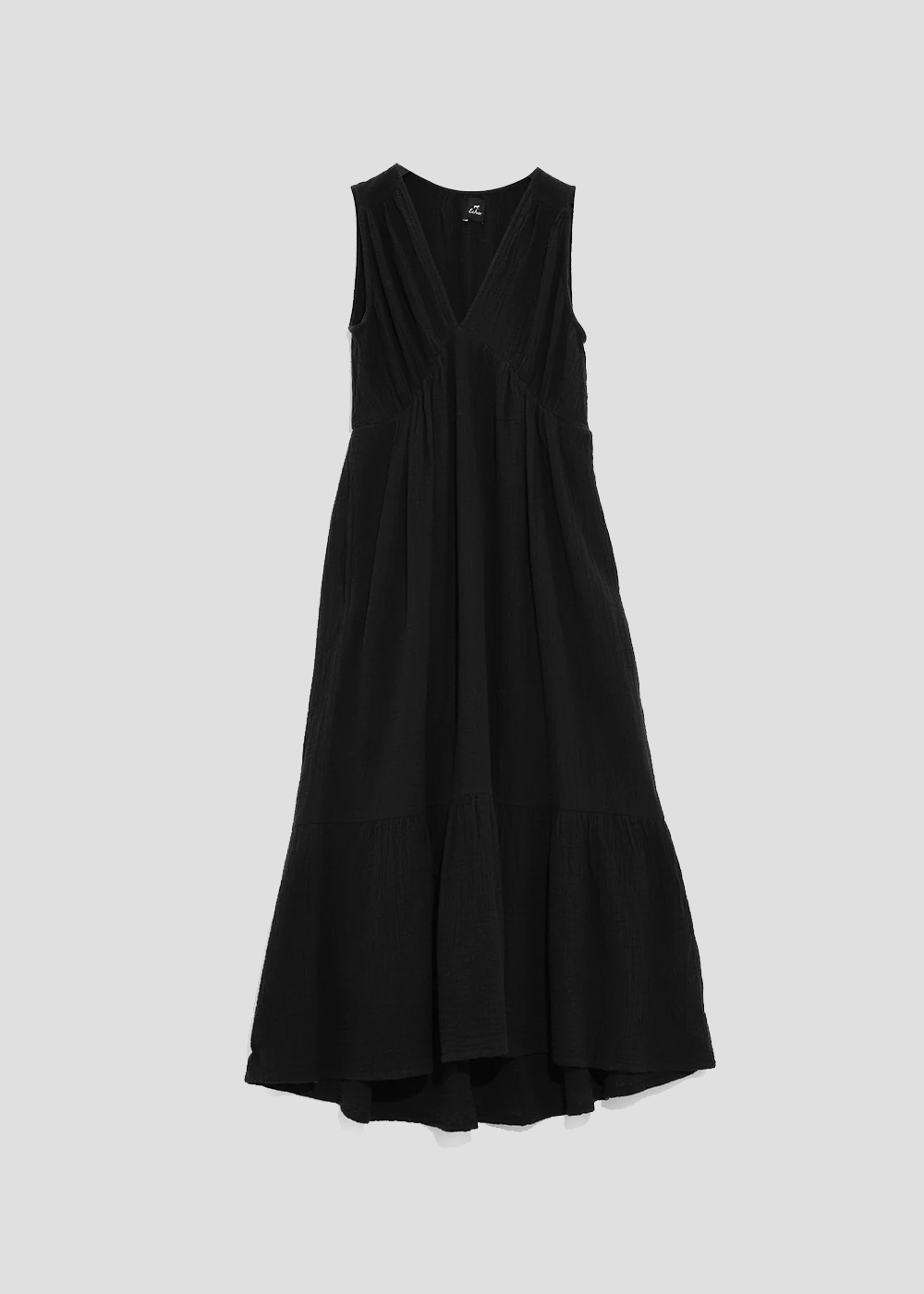 Front view of  sleeveless lightweight black maxi length summer dress from Echo New York. Fit is a modern relaxed silhouette and super soft 100% cotton.