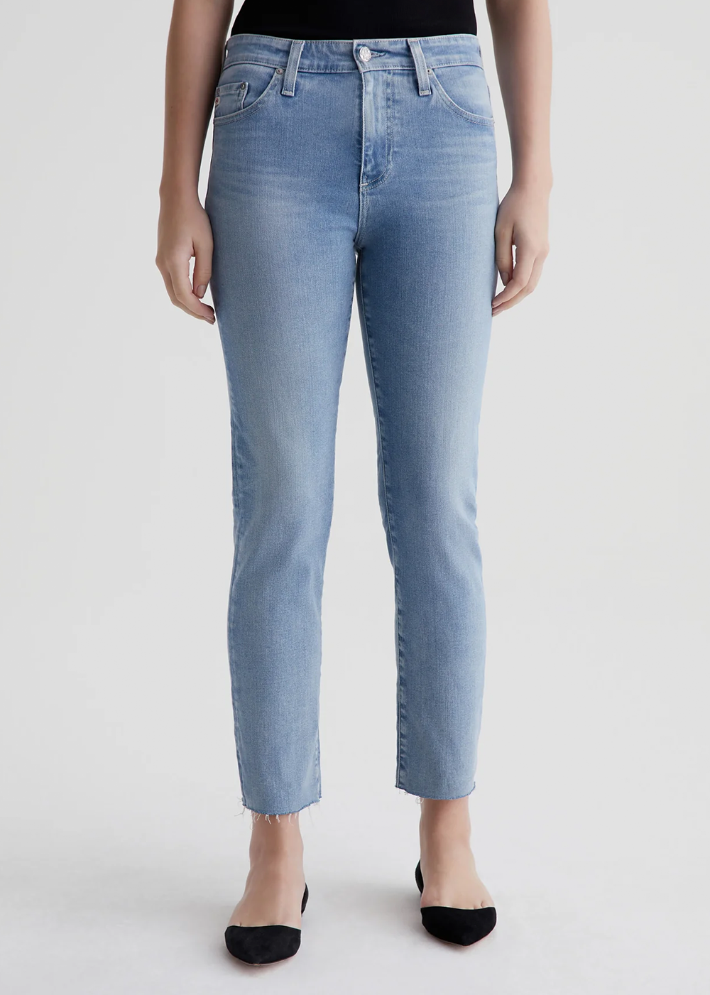 Front view of the Mari Crop Jeans by AG Jeans showcasing the high-rise slim straight fit that's cropped just above the ankle.