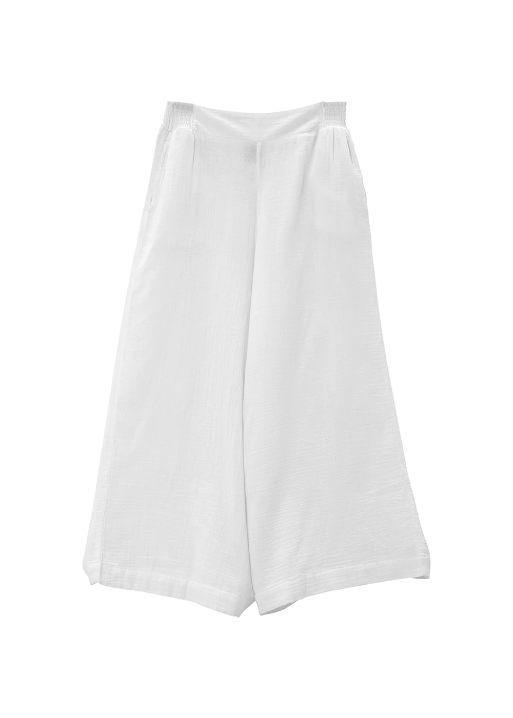 Front view of white pants from Echo New York that widen at the leg for an airy fit and elastic waistband for comfort