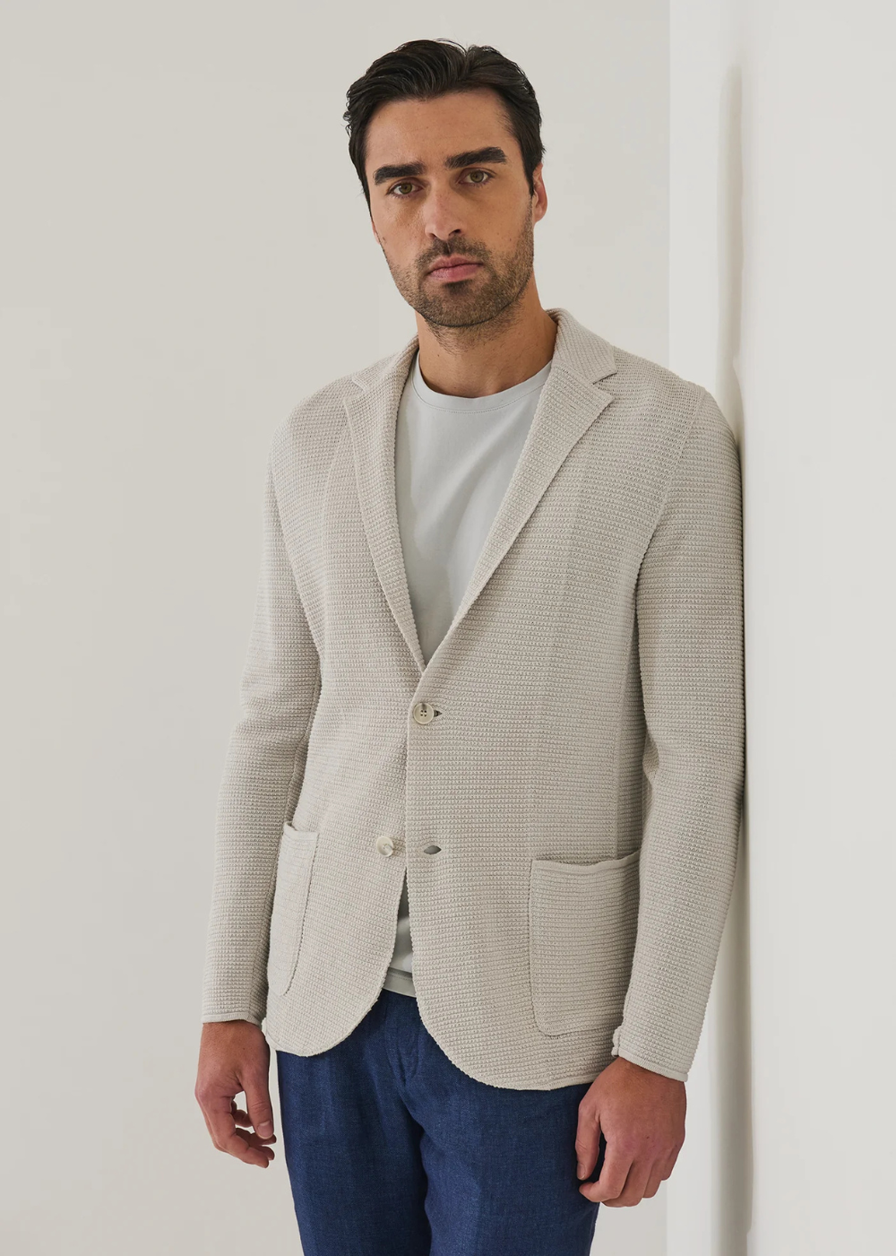 Mini Grid Textured Linen Cotton 2 Button Knit Blazer