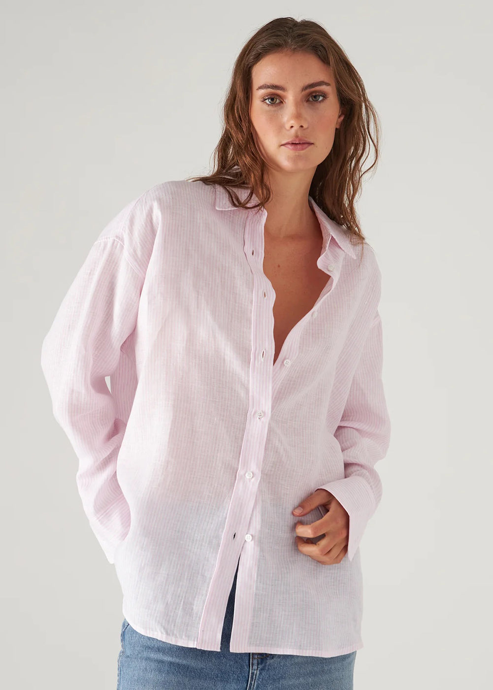 Long Sleeve Striped Linen Boyfriend Shirt - Pixie - Patrick Assaraf Canada - Danali - W4304D05X