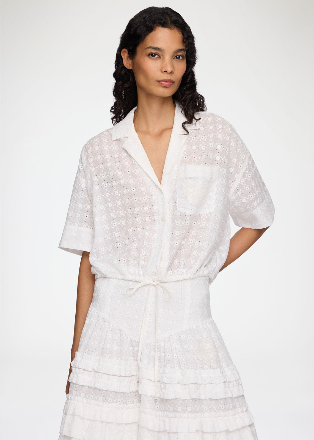 Broderie Anglaise Cropped Bowling Shirt