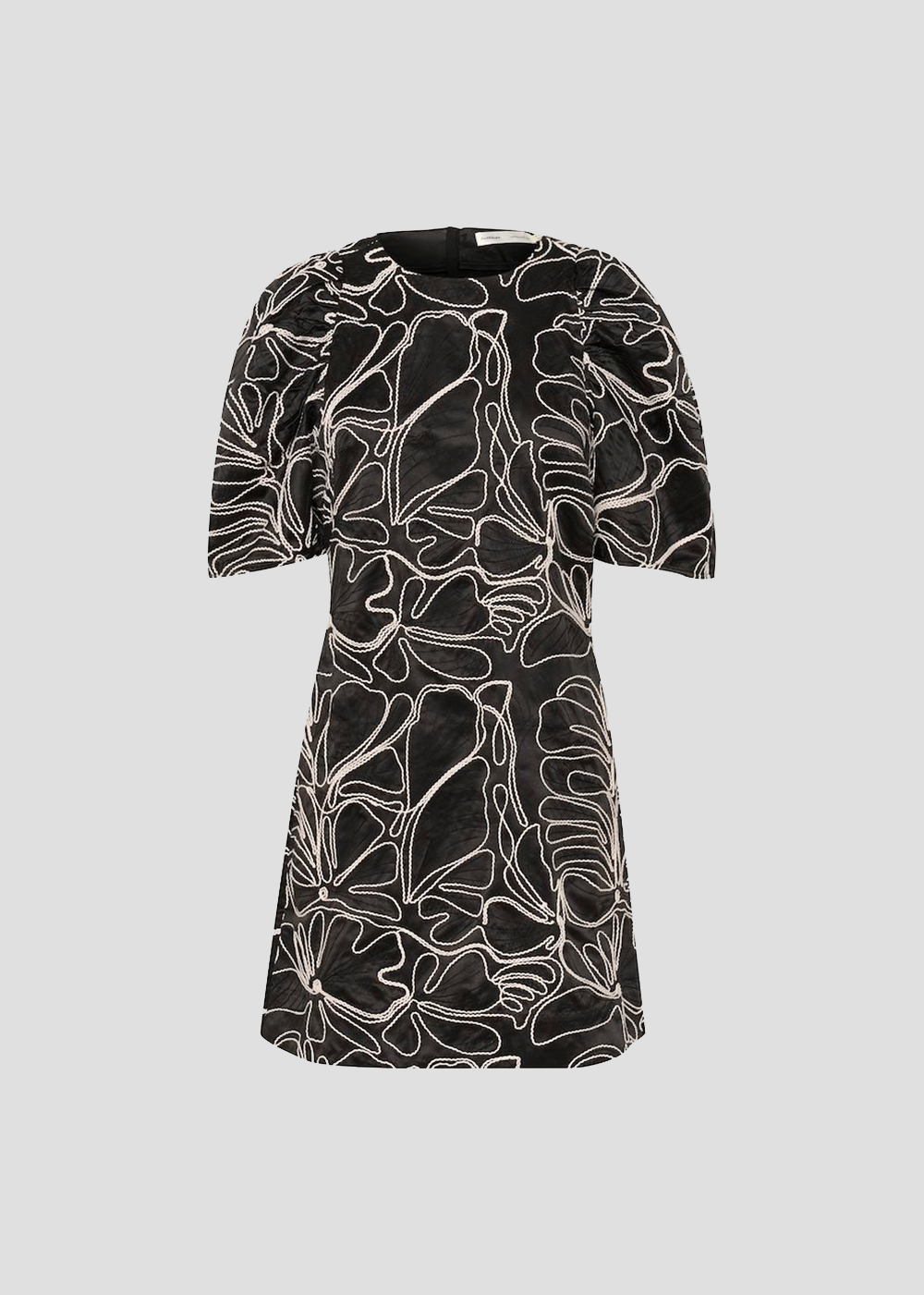 Zoomed out full front shot of Hodge Dress by InWear, elbow length sleeves, black with white floral embroidered pattern.