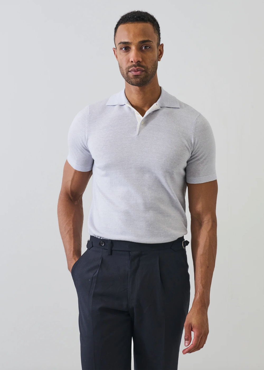 Merino Linen Contrast Placket Button Polo