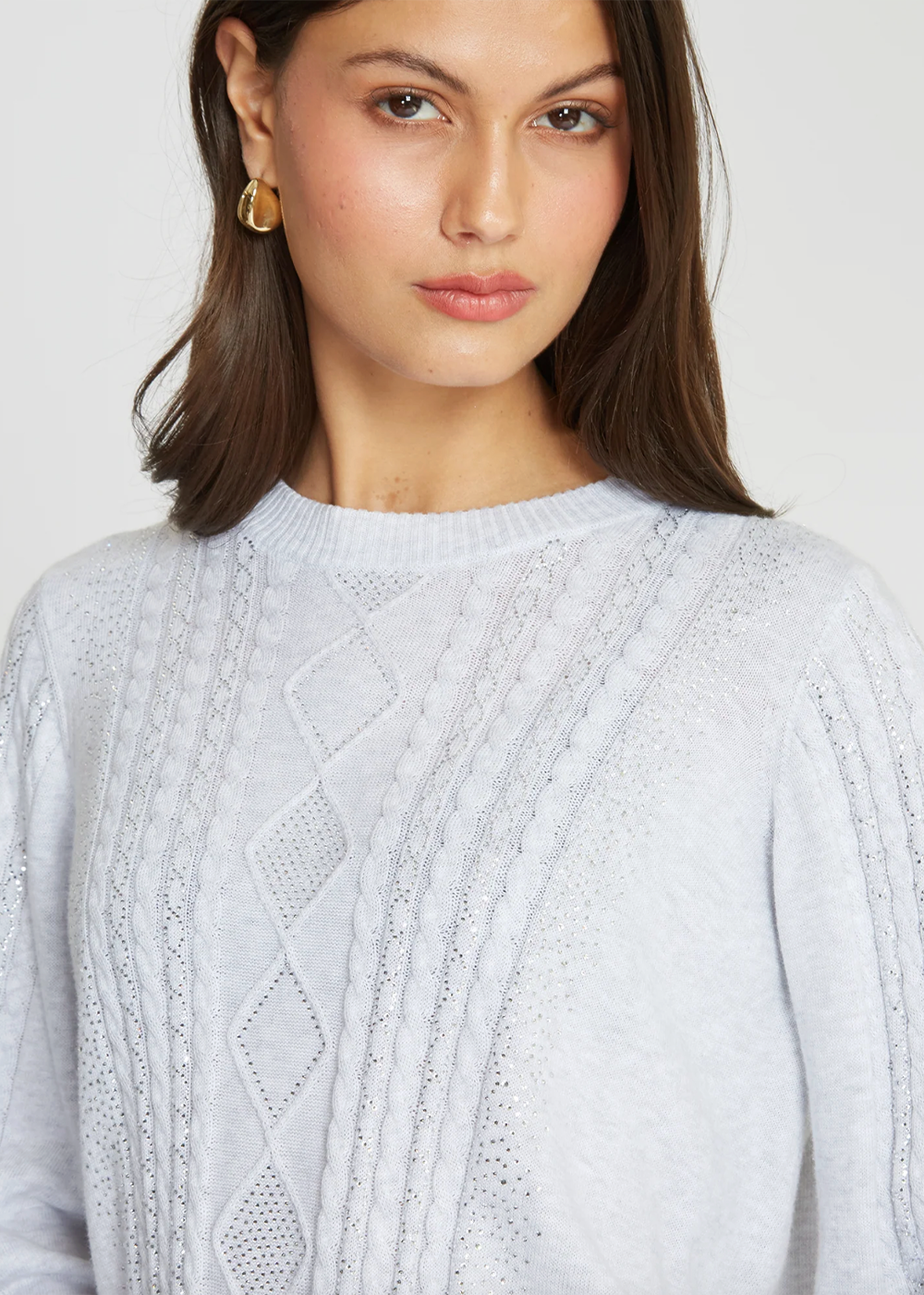 Jeweled Puff Sleeve Cable Cotton Crew