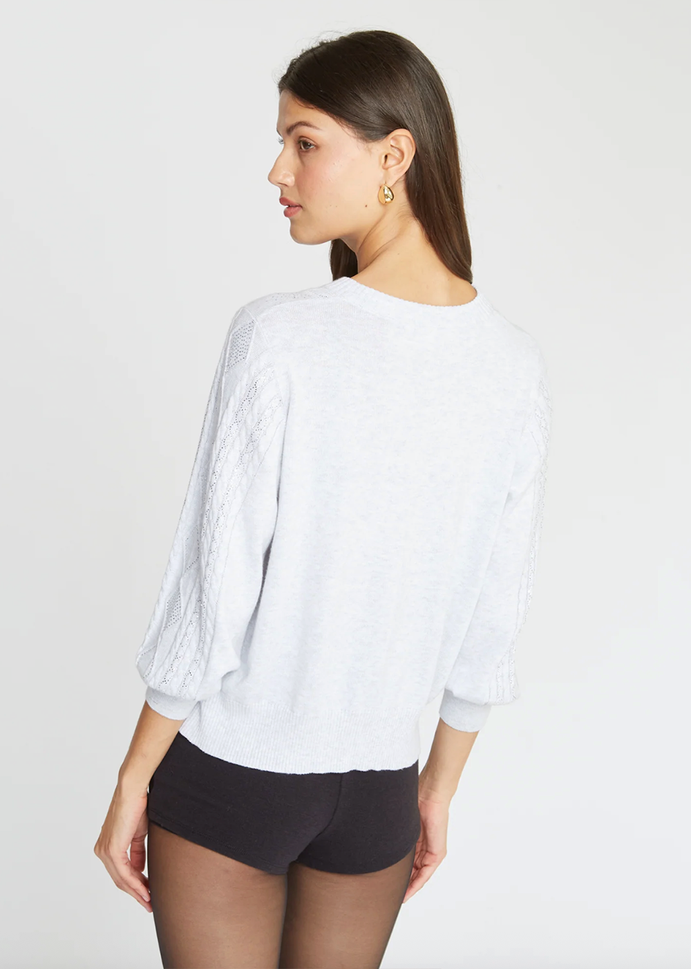 Jeweled Puff Sleeve Cable Cotton Crew