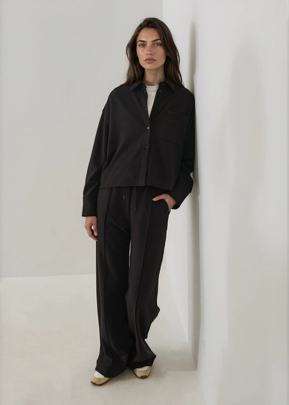 Brushed French Terry Wide Leg Pintuck Pant