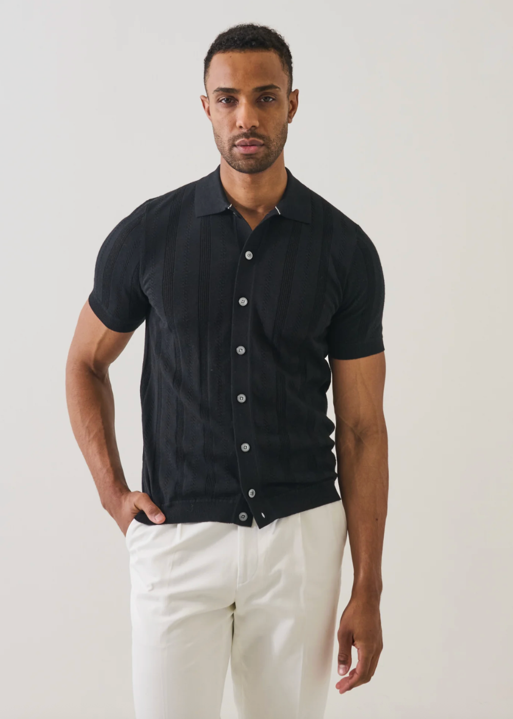 Cotton Cashmere Textured Button Up Knit Shirt