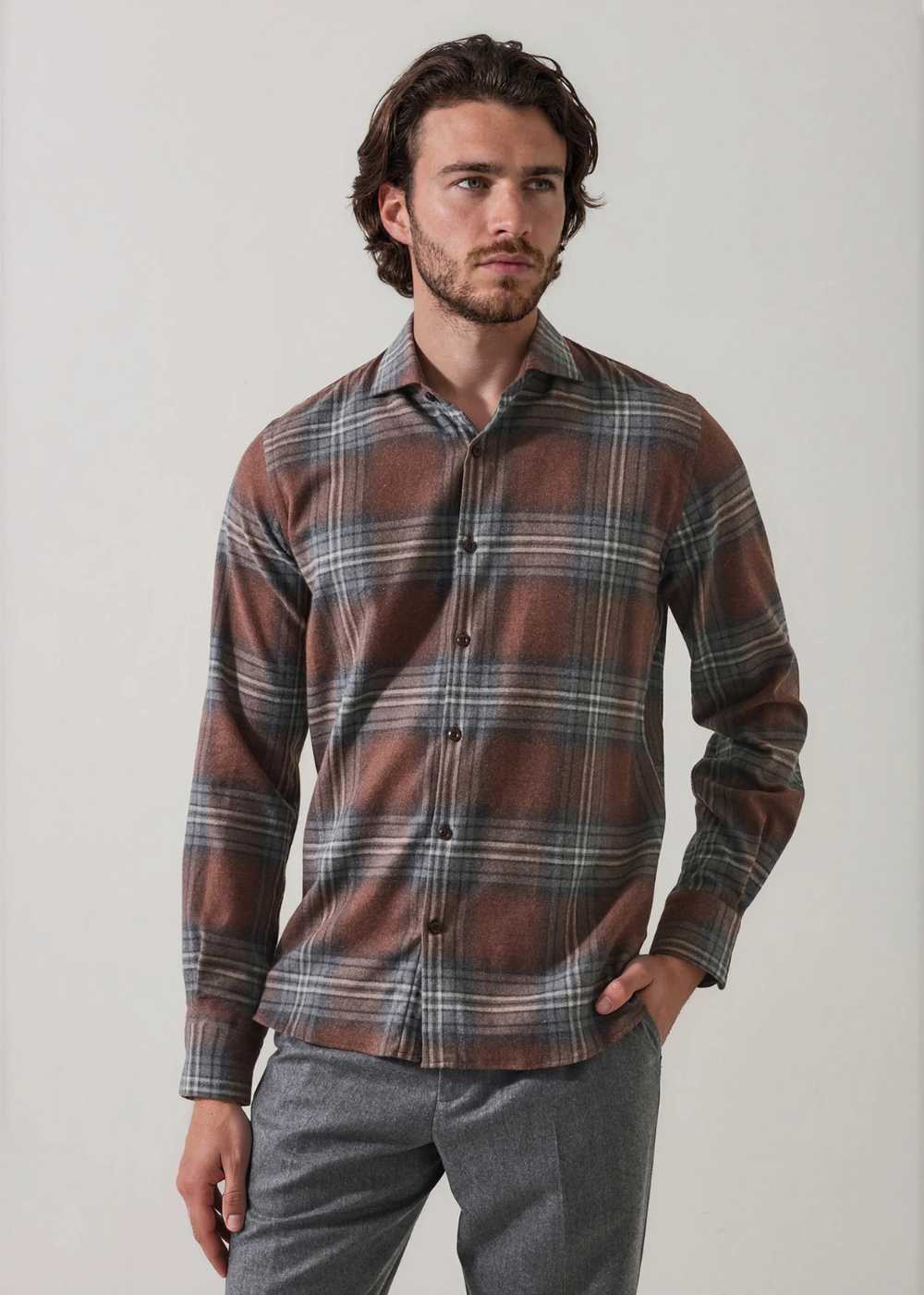Flannel Plaid Spread Collar Shirt
