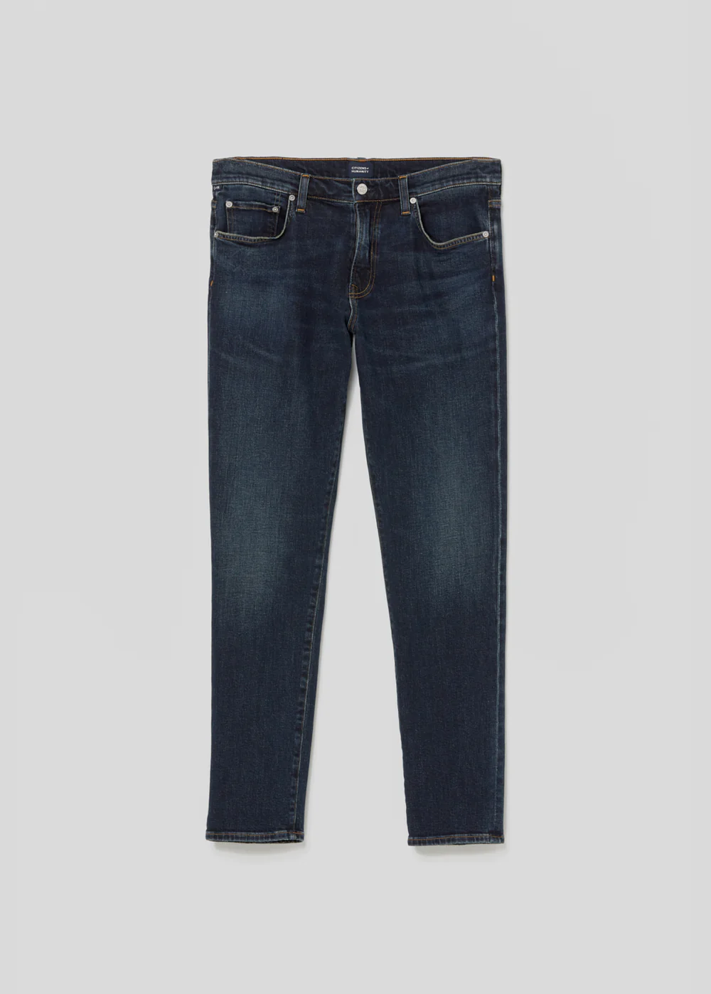 Front view of the London from Citizens of Humanity in deep clean saturated indigo.Sslim fit jean that fits fuller in the thighs and tapers to the ankle.