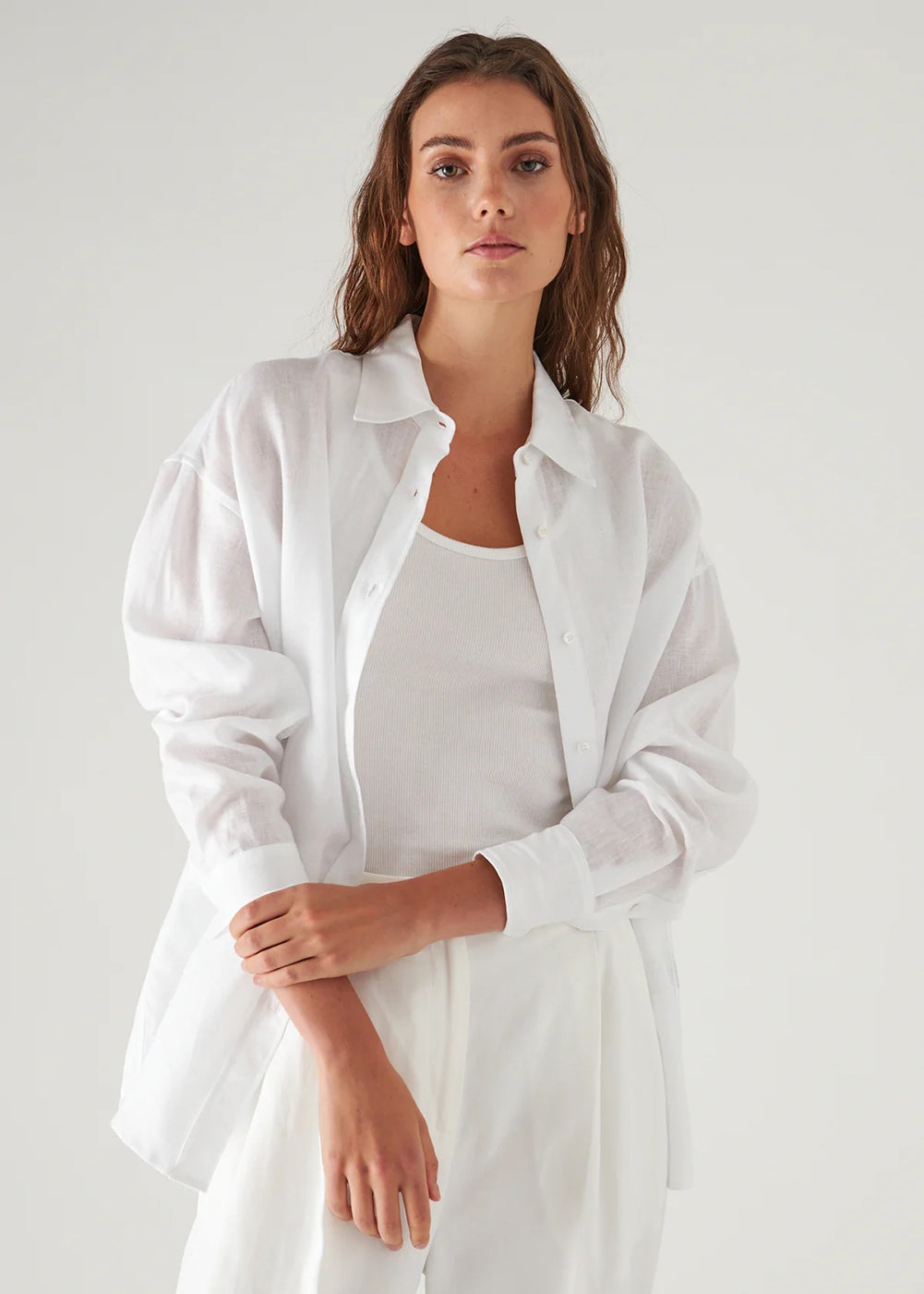 Long Sleeve Linen Boyfriend Shirt - White - Patrick Assaraf - Danali - W4302D05X