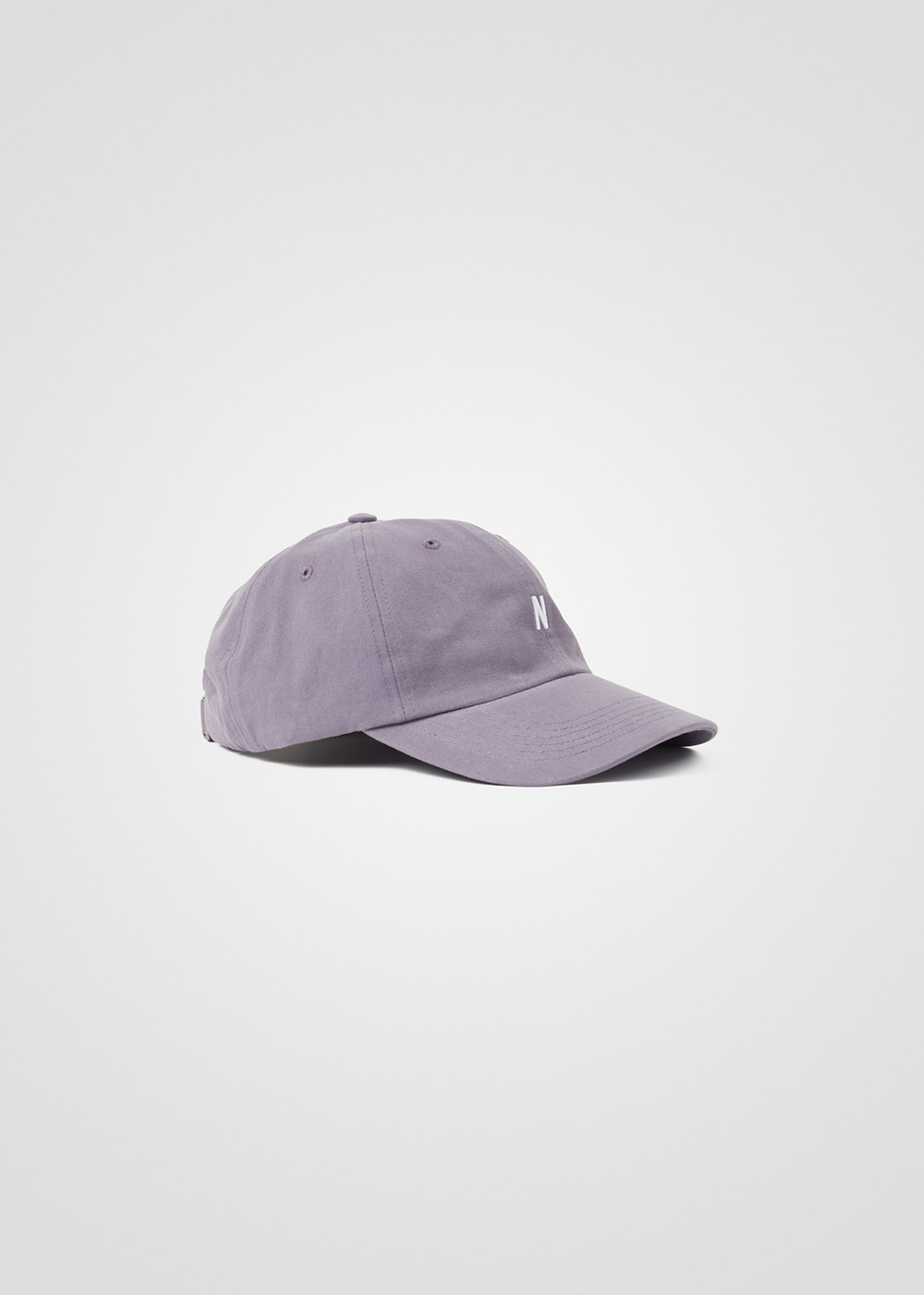 Zoomed out view Norse Projects Twill Cap in Dusk Purple with an embroidered "N"