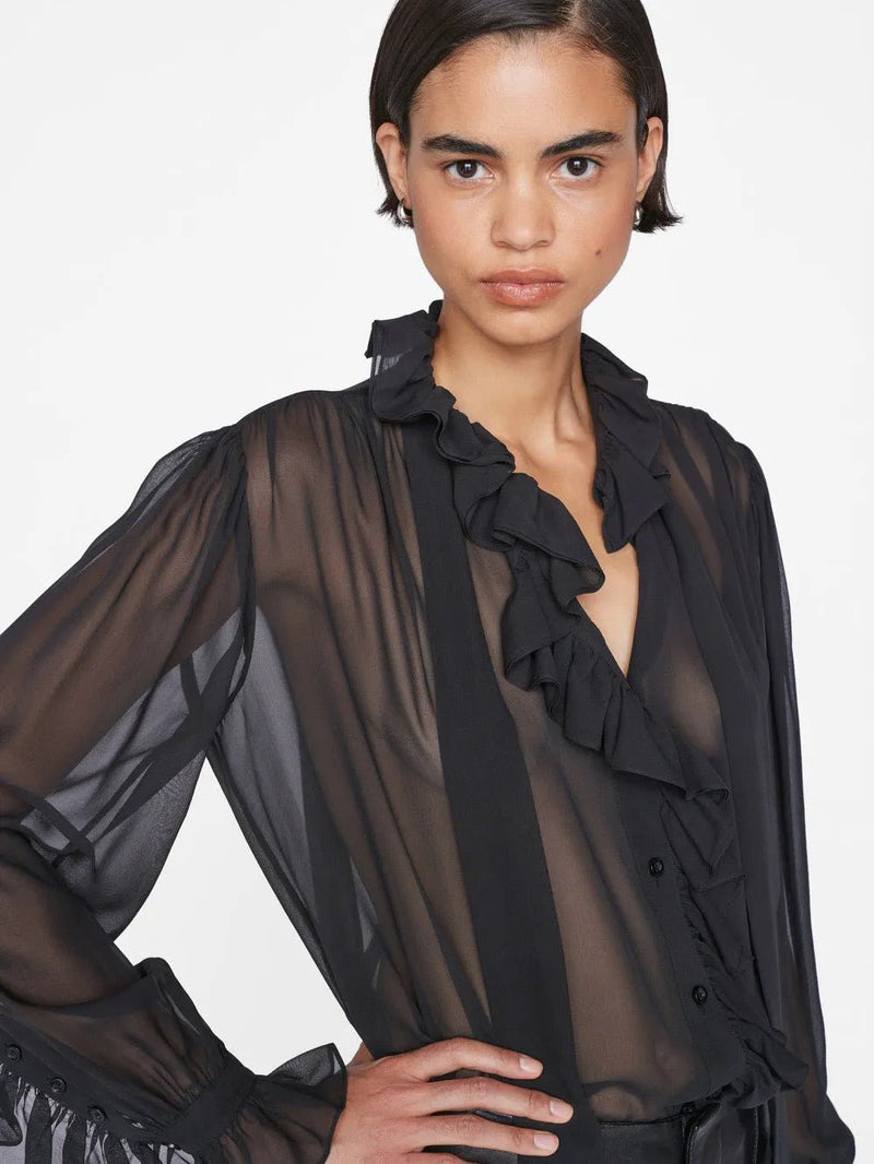 Ruffle Front Button Up Shirt - Frame - Danali - F23SBL03-NOIR-XS