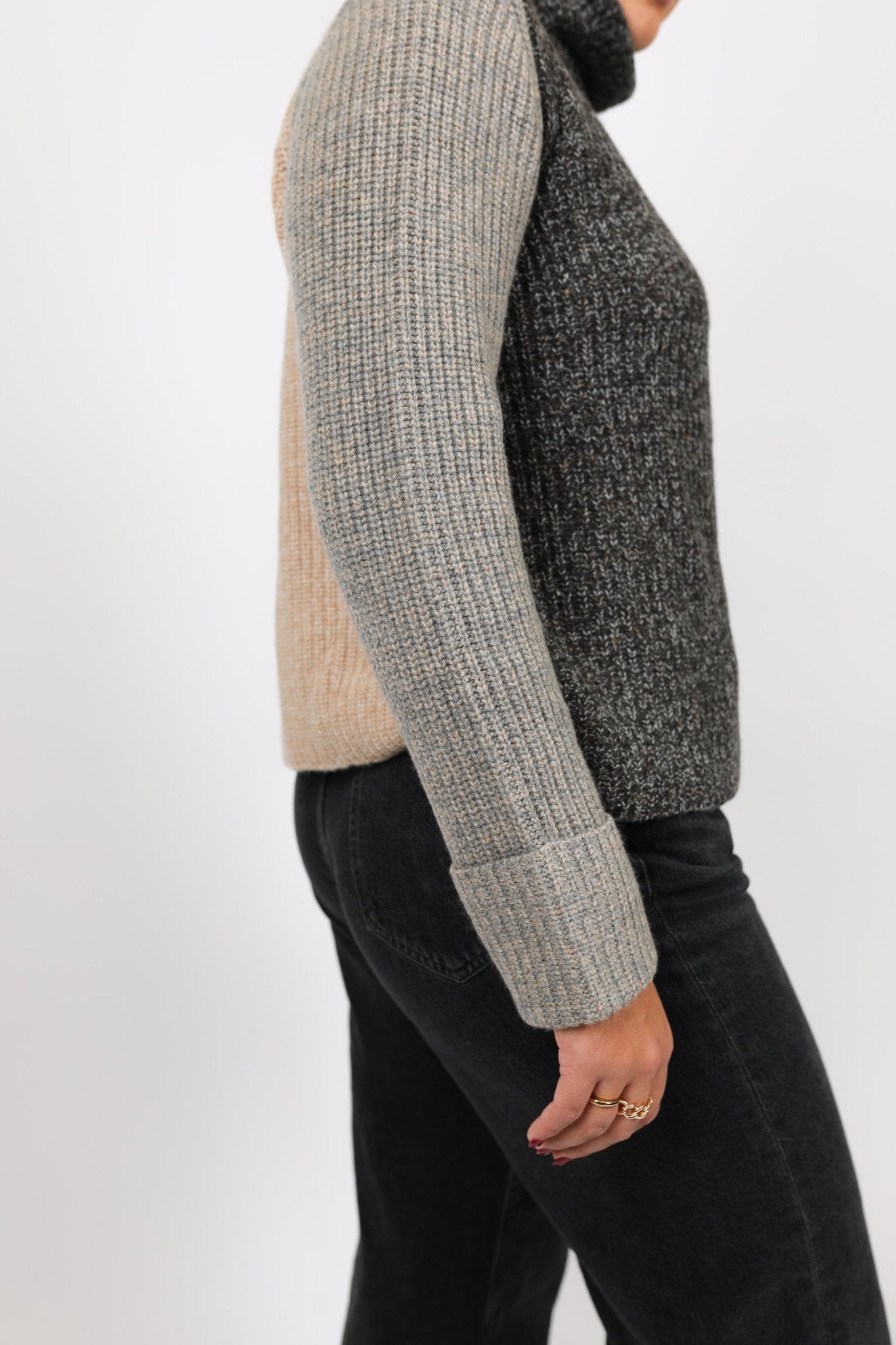 Tweed Color Block Turtleneck Sweater - Autumn Cashmere - Danali - R13455-Fatigue/Cement-S